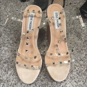 Steve Madden Tan Wedge Sandals with Clear Straps and Studs